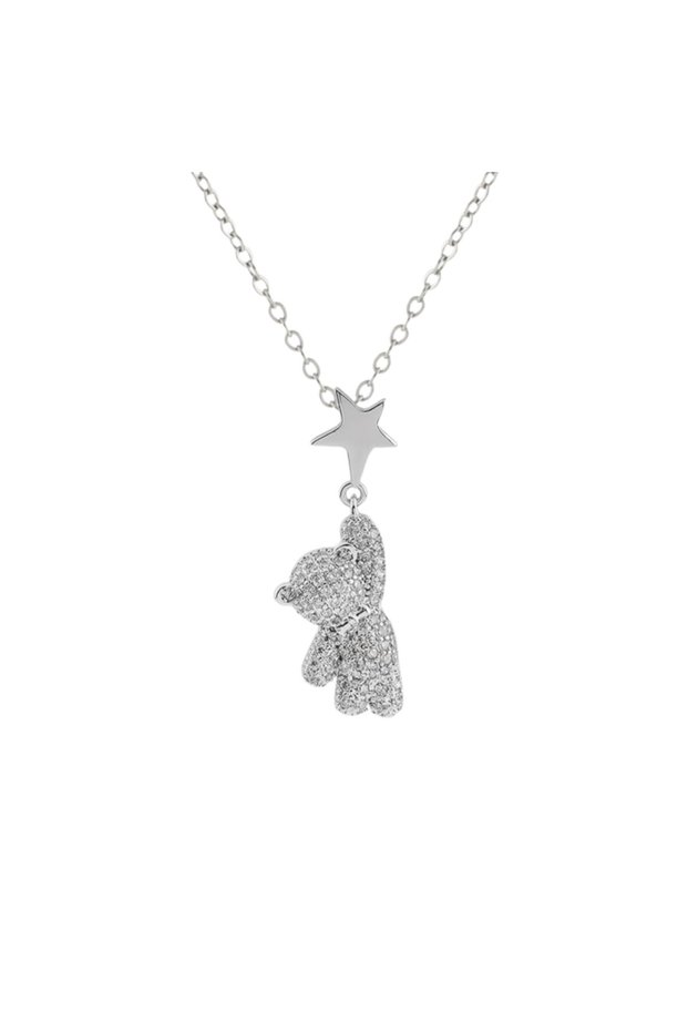 Non-Tarnish Steel Stone Teddy Bear Figured Necklace with Star Detail Silver Color Women's Necklace