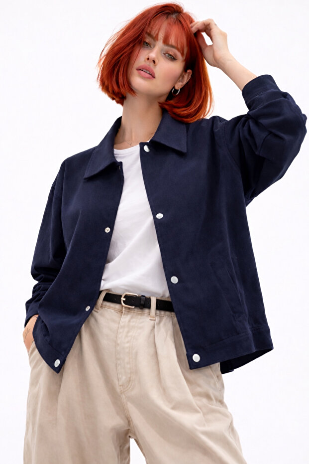 Women's Navy Blue Oversize Seasonal Gabardine Jacket with Snap Detail