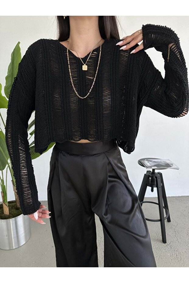 Mercerized Boat Neck Openwork Light Crop Style Knitted Blouse Seasonal Stone / Black Color Knitwear