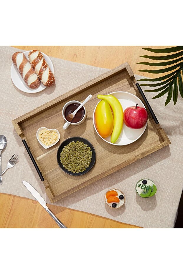 43cm Acacia Wood Serving Tray with Metal Handles