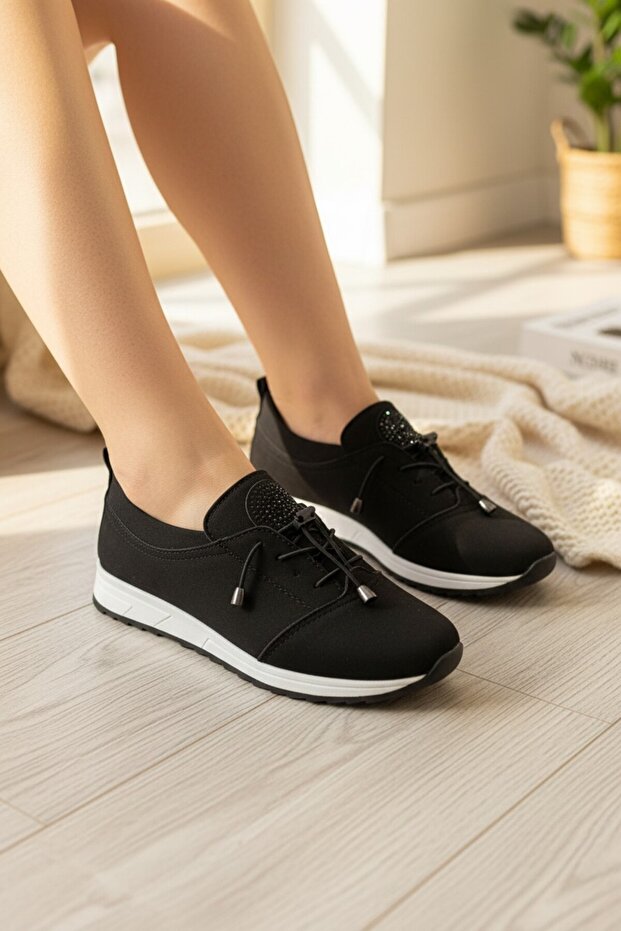 Genuine Leather Black and Flexible Textile Combination Orthopedic Sneaker with Stone Detail