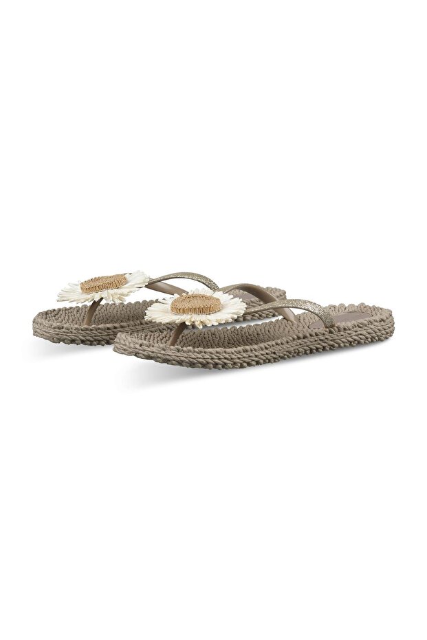 Beige Cheerful16F - Beige Floral Flip Flops