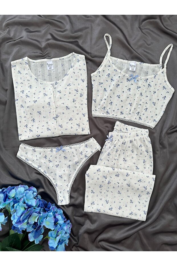 Women's Blue Rose 4-Piece Cotton Pajama Set