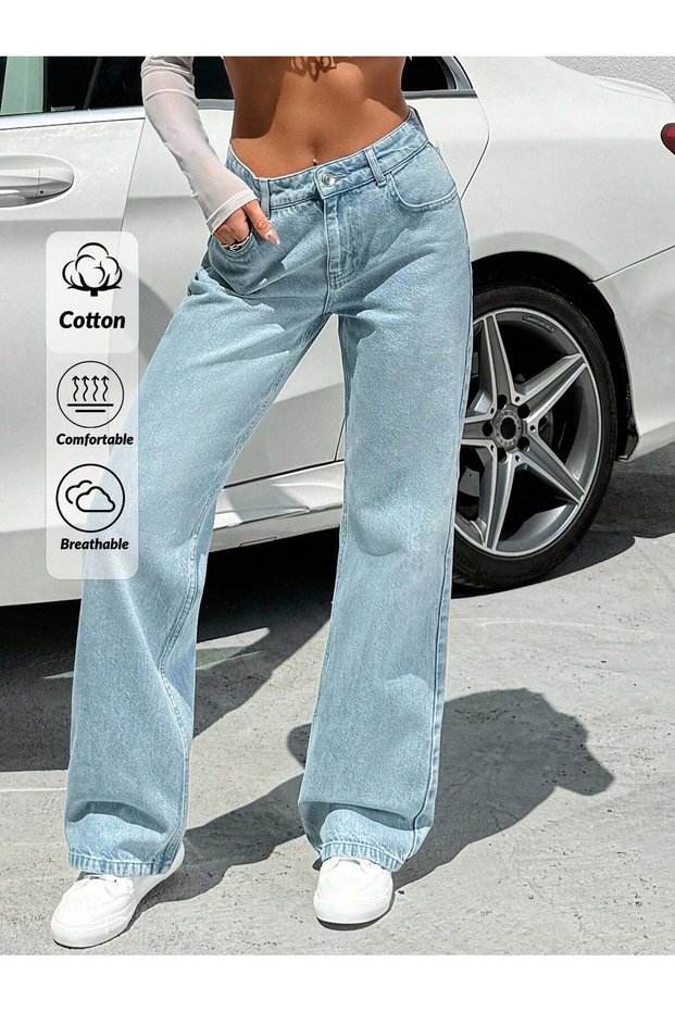Women's Light Blue High Waist Wide Leg Jeans Wide Leg Relaxed Fit Casual Denim