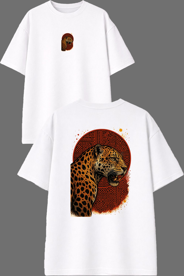 تي شيرت أبيض كبير الحجم بتصميم Angry Leopard مطبوع من الأمام والخلف