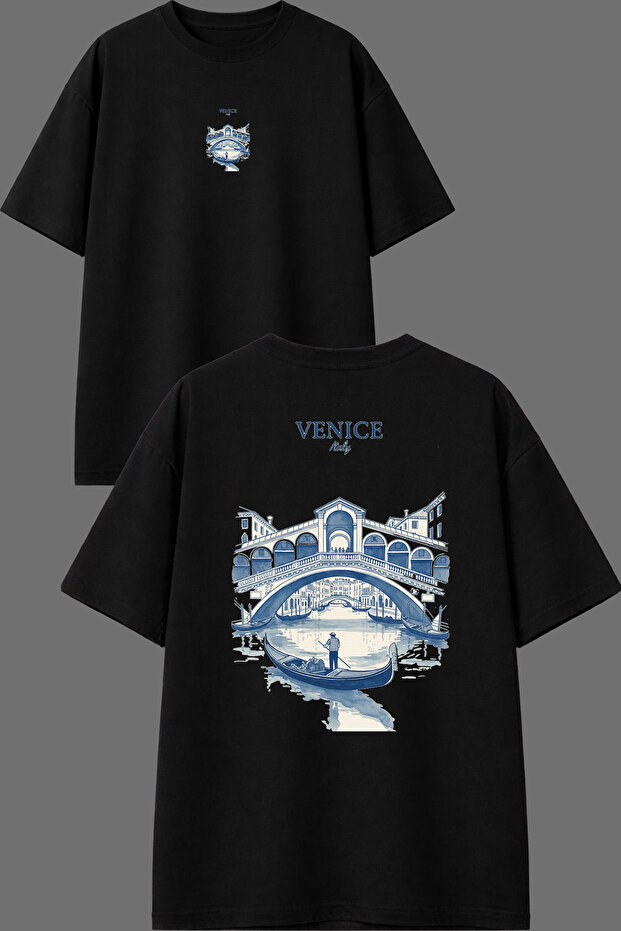 Venice Italy Design Front and Back Printed Black Oversize T-Shirt