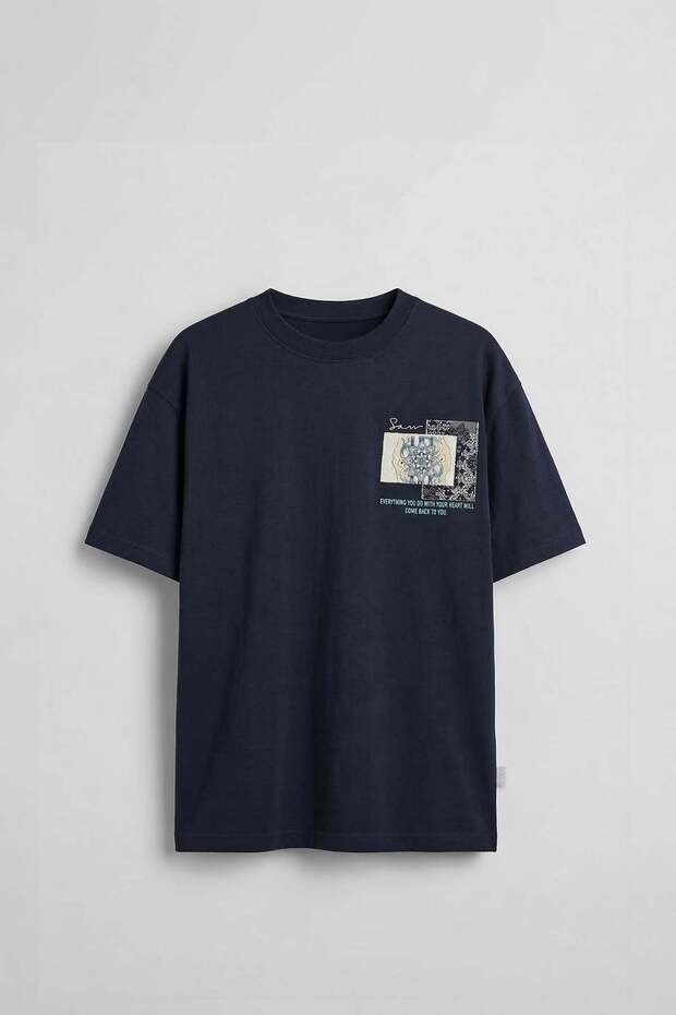 Men's Oversize Embroidery Detailed Anatolian Motif T-Shirt Navy Blue