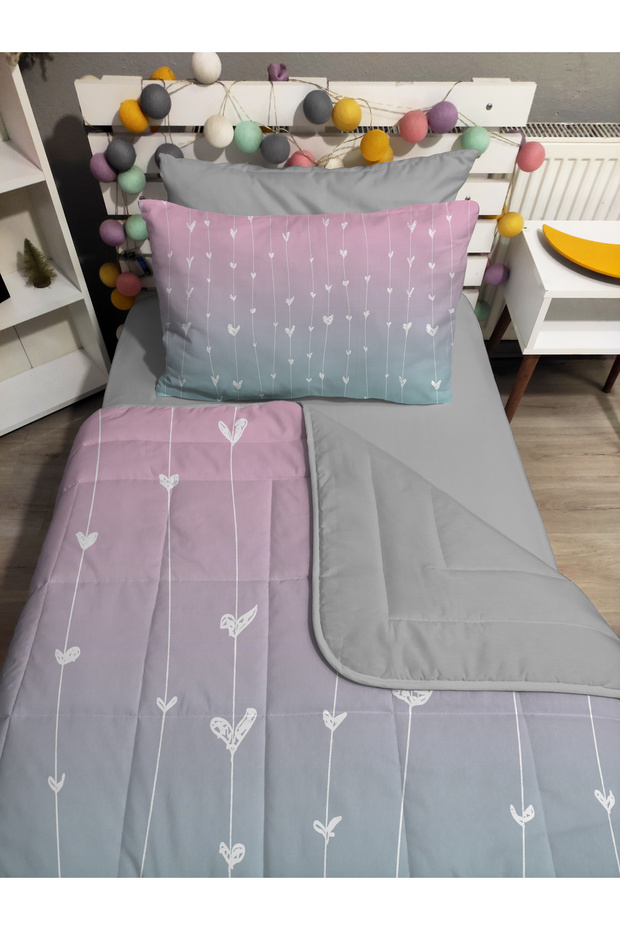 Quilted Hearts Patterned 4-Piece (100% Cotton 100X200 with Elastic Sheets) Single Bedspread Set