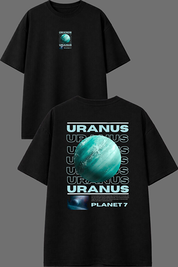 تي شيرت أسود كبير الحجم مطبوع من الأمام والخلف بتصميم Uranus Uranus