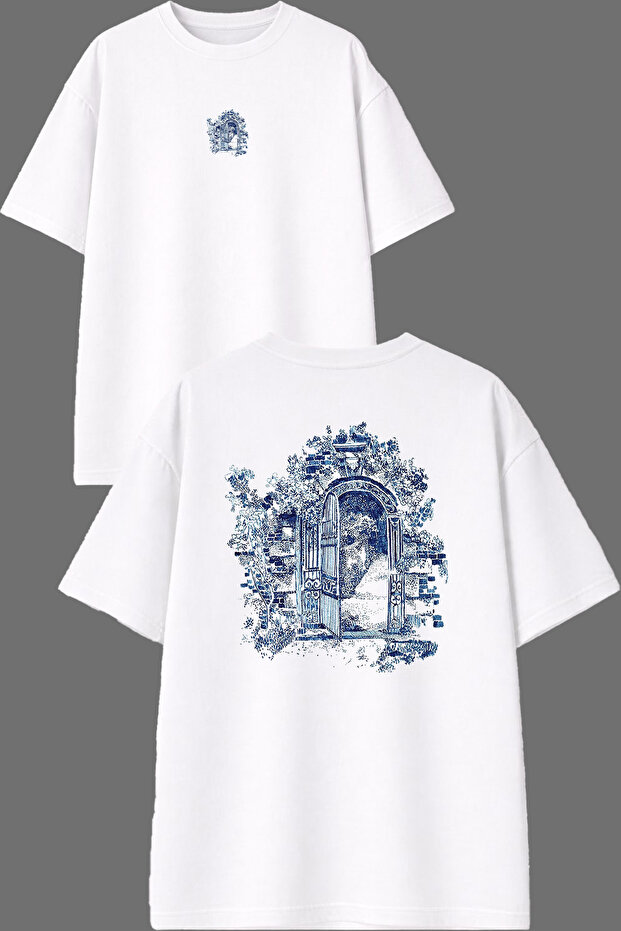 Blue Flowers Design Front and Back Printed White Oversize t Shirt