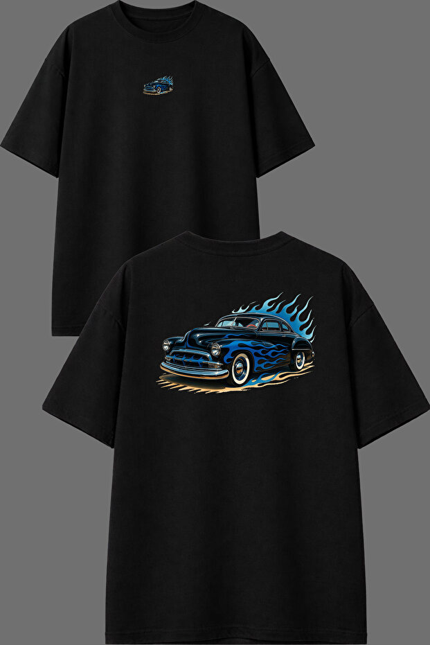 Blue Flame Car Design Front and Back Printed Black Oversize t Shirt