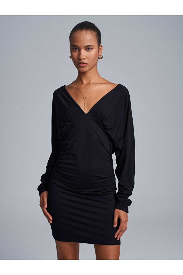 91648 V-Neck Gathered Mini Dress-Black
