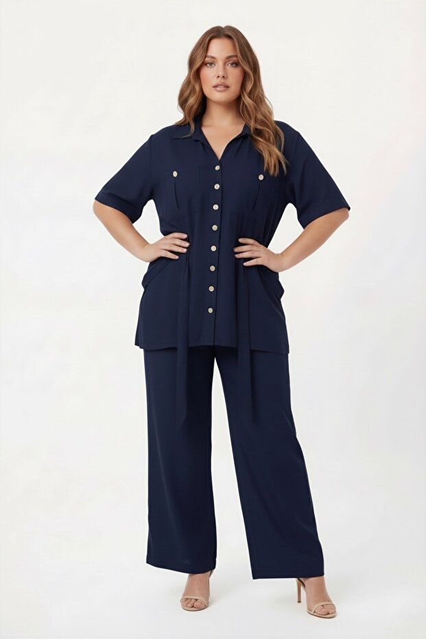 Women's Plus Size Jacket and Pants Two-Piece Set with Waist Tie Detail, Navy Blue