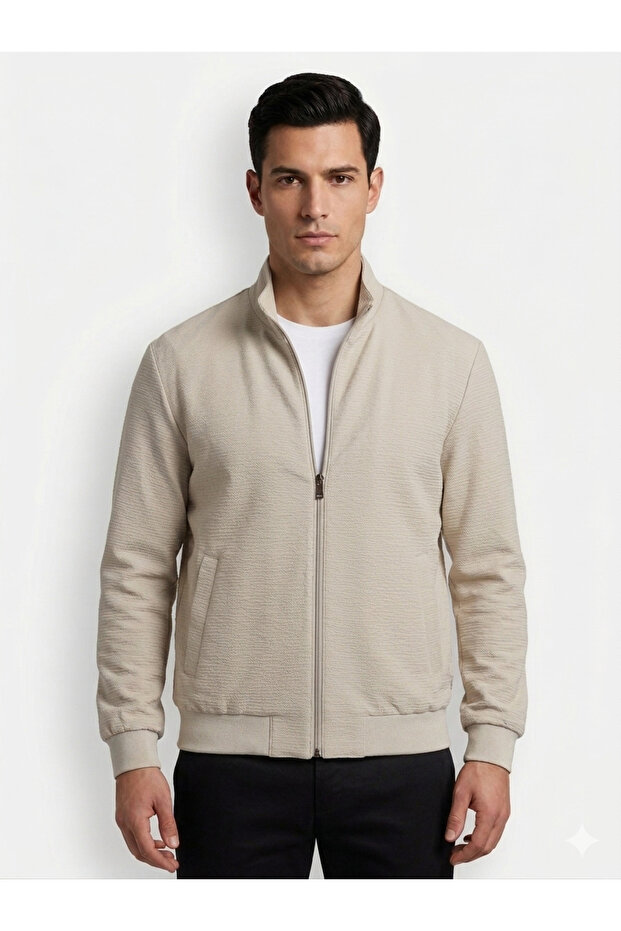 Men's Beige Textured Bomber Jacket - Seasonal Coat with Stand Collar and Zipper