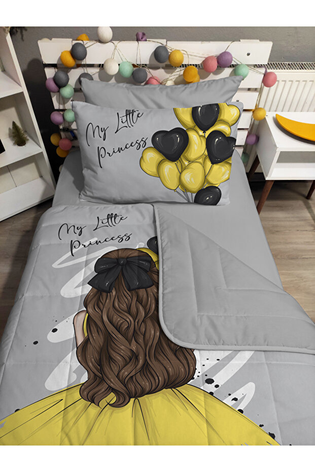Quilted Balloon Girl 4-Piece Set (100% Cotton 100X200 with Elastic Sheets) Single Bedspread Set