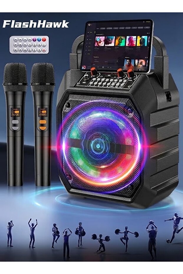 جهاز كاراوكي مع ميكروفونين لاسلكيين، مكبر صوت محمول بتقنية البلوتوث مع أضواء LED، نظام صوتي PA