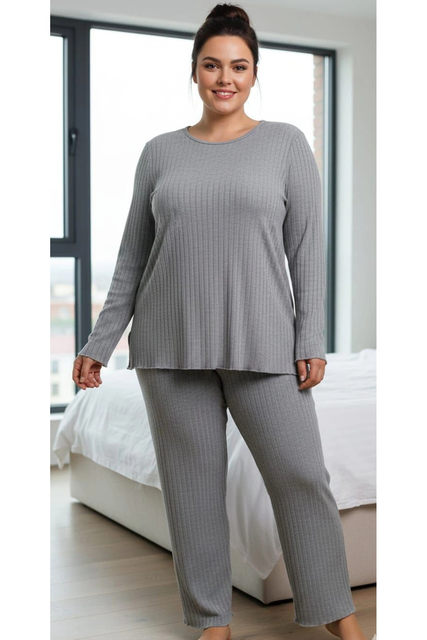 Women's Plus Size Long Sleeve High Waist Ribbed Crew Neck Pocket Set
