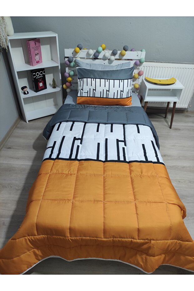 Quilted Piano Patterned 4-Piece (100% Cotton 100X200 with Elastic Sheets) Single Bedspread Set