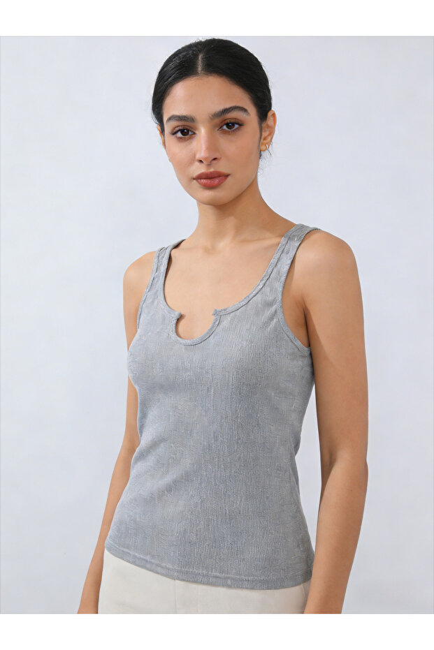 Grey Solid Notch Neck Tank Top - 2