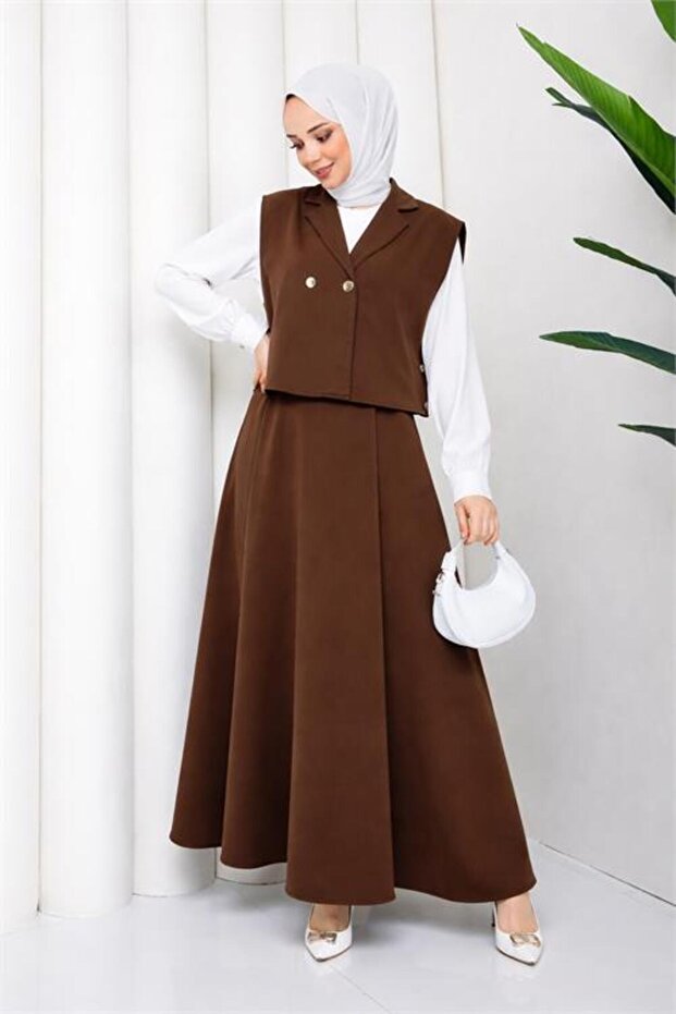 Women's Brown Button Detailed Vest Blouse Skirt Triple Hijab Set Nbft007