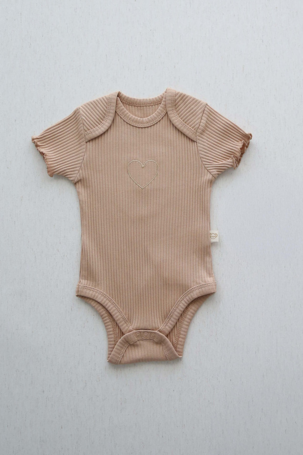 Beige Heart Embroidered Ruffled Sleeves Bodysuit