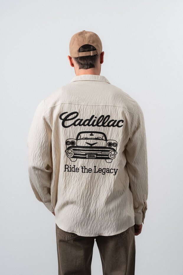 Men's Cadillac Embroidered Long Sleeve Linen Oversize Shirt Beige