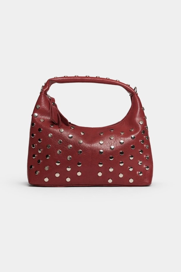 Women's Studded Stone Leather Look Bag Burgundy