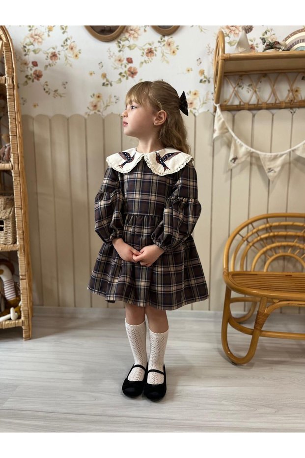Girl's Plaid Patterned Collar Dress with Bird Embroidery Detail
