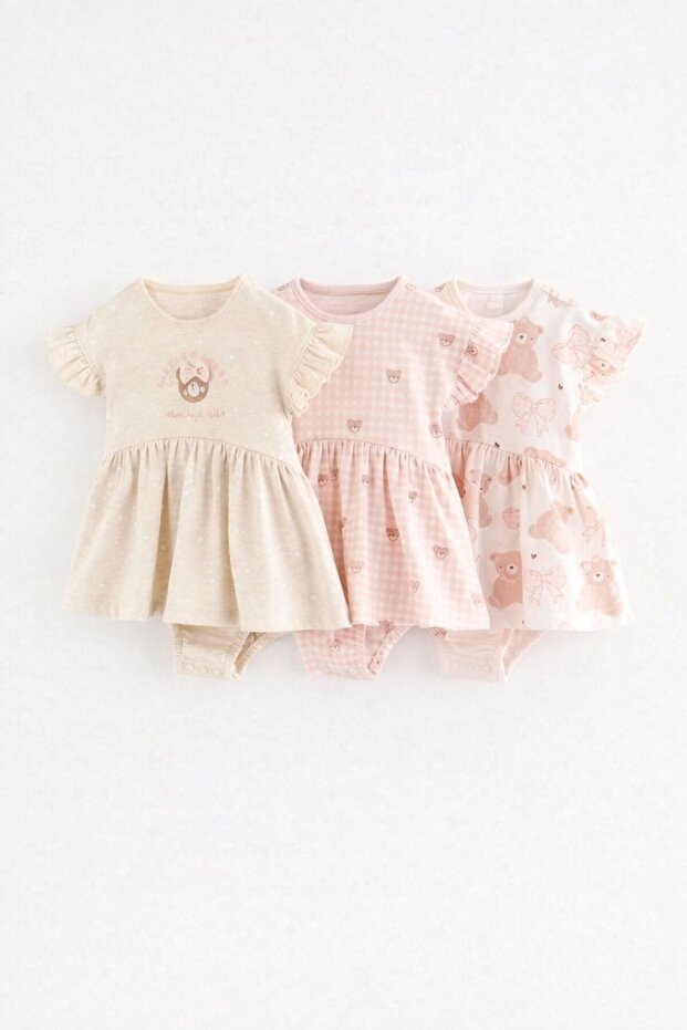 Cotton Pink Bear Embroidered 3-Piece Romper Set