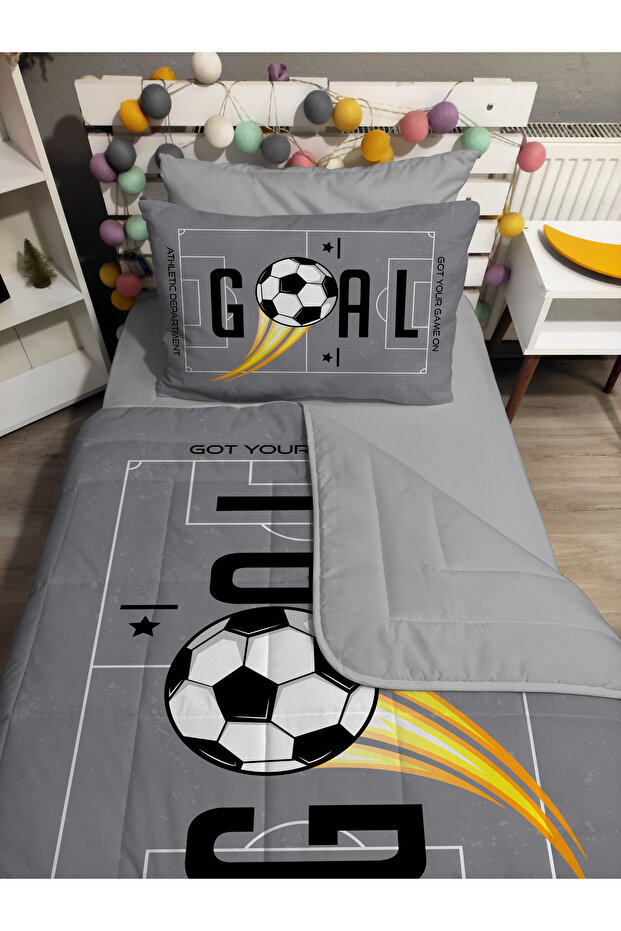 Quilted Football Patterned 4-Piece (100% Cotton 100X200 with Elastic Sheets) Single Bedspread Set