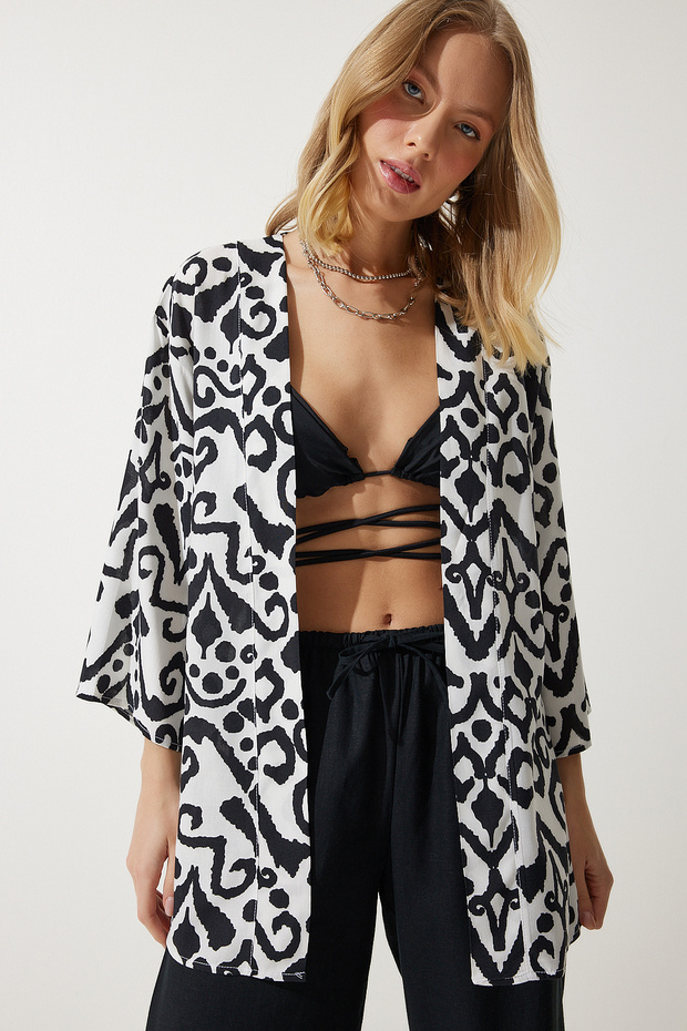Patterned Viscose Kimono Len0004 Black and White