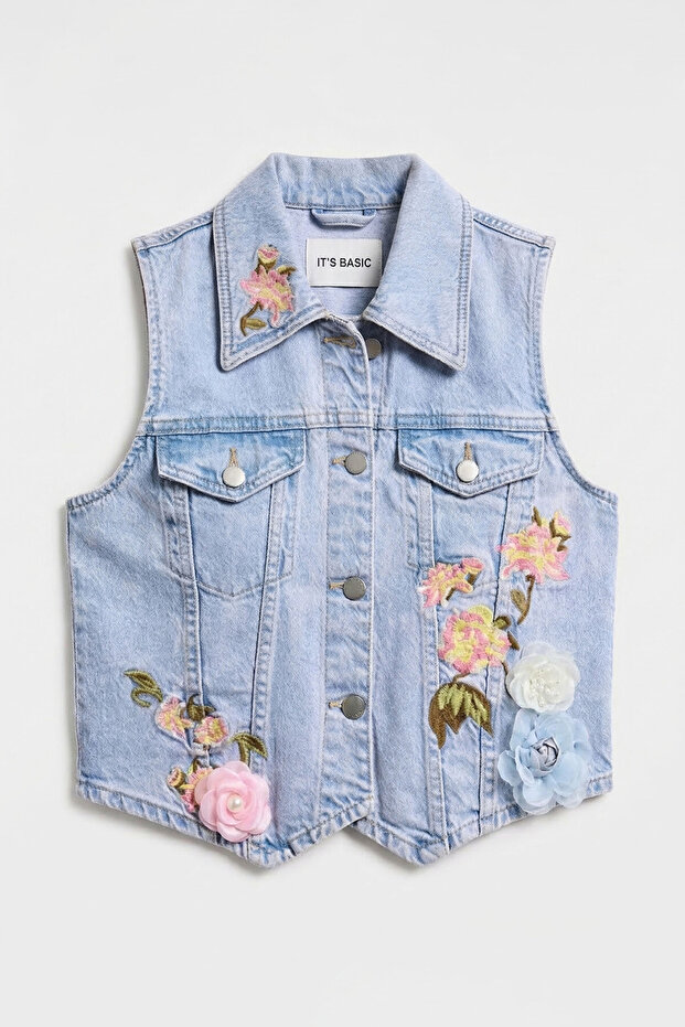Women's Denim Color 3S6-89 Crop Fit Rose and Embroidery Detailed Special Design Denim Vest