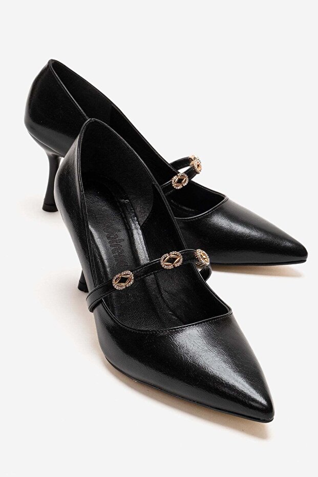 Women's 3-Buckle Open-Back Thin Heel Pointed-Toe High-Heeled Shoes Black Wrinkled