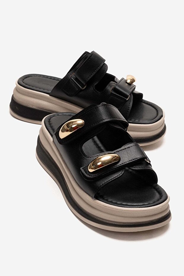 Women's Double Velcro Buckle Slippers Black
