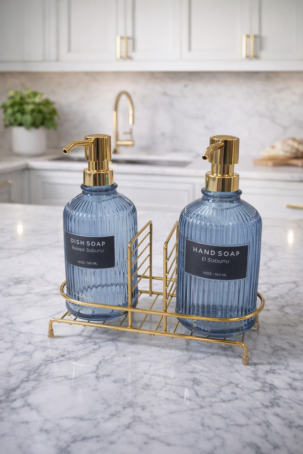 Blue 2-Piece Glass Soap Dispenser/Detergent Dispenser, 500 Ml, with Gold Color Metal Stand, 21.5X9X23 cm