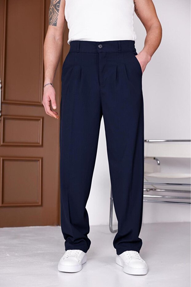 Men's Navy Blue Baggy Fit Relaxed Fit Pleated Fabric Trousers