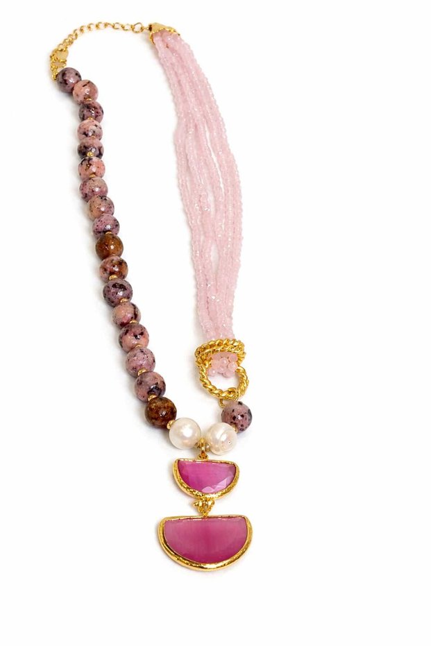 Handmade Natural Pink Quartz, Rhodonite, and Pearl Detailed Special Design Necklace
