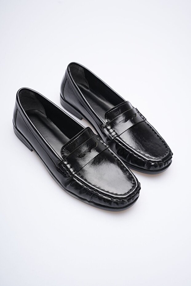 Premium Black Shiny Leather Look Penny Ballerina Loafer