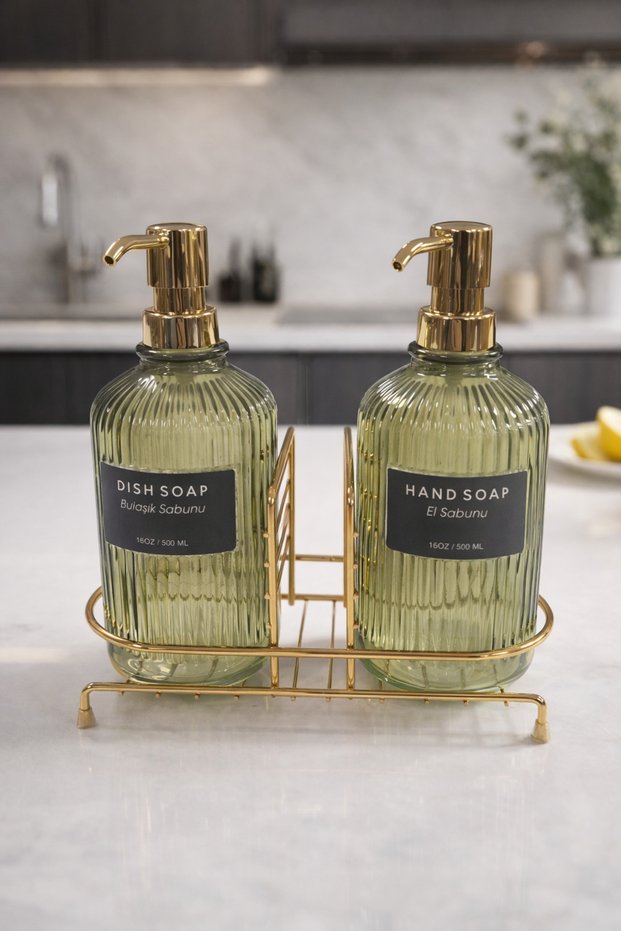 Green 2-Piece Glass Soap Dispenser/Detergent Dispenser, 500 Ml, with Gold Color Metal Stand, 21.5X9X23 cm