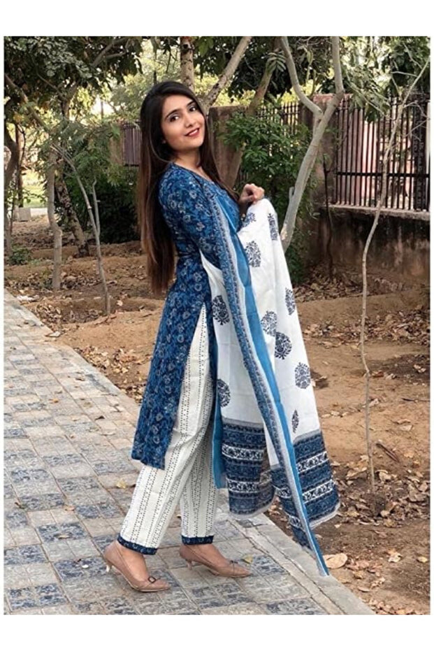 Blue Kurta Palazzo Set With Dupatta - ALV1142 - Blue-Size:S-36-Inches
