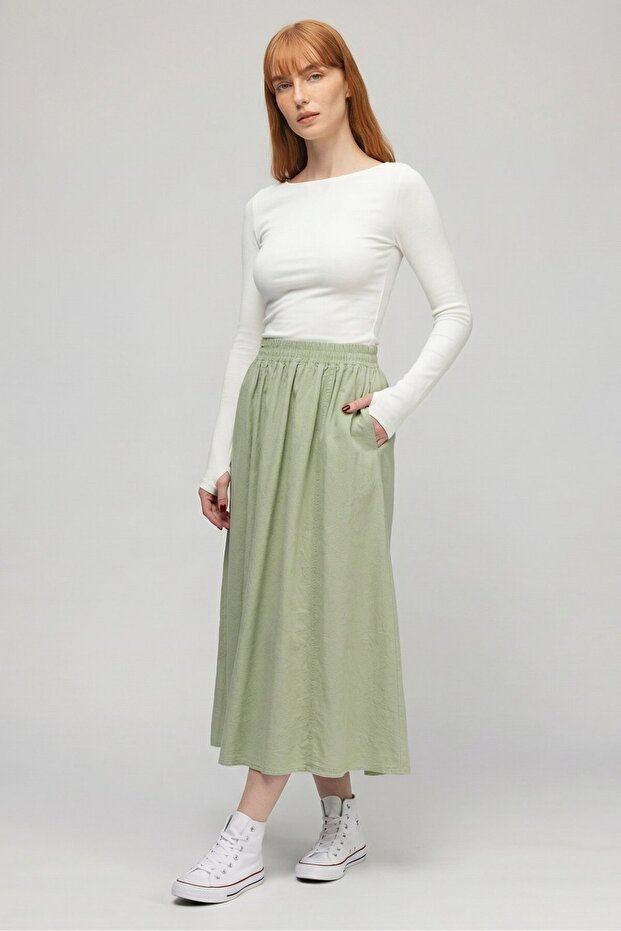 Mint Women's A-Line High-Waisted Flowy Flared Skirt with Pockets - Textured Linen