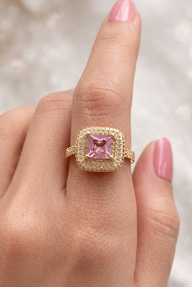 Gold Color Pink Stone Detailed Adjustable Ring