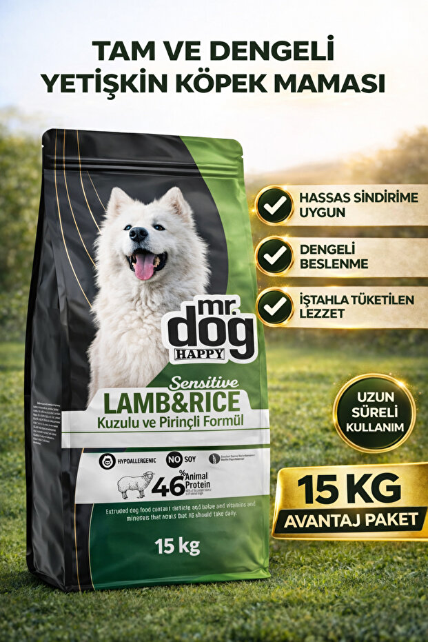 mr. dog happy Sensitive Kuzu Etli Pirinçli Köpek Maması 15 Kg Hassas Sindirim