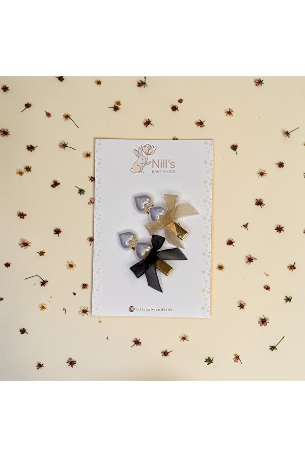 Heart Detailed Bow Mini Clasp Set - Gold & Black/Beige 2-Piece