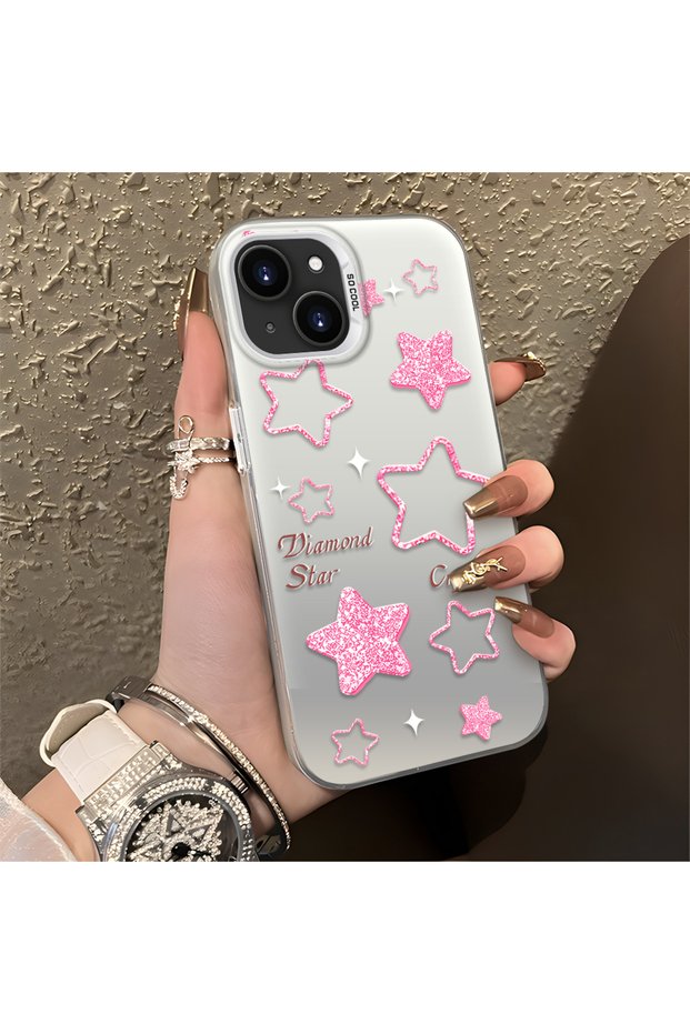 iPhone 15 Compatible Silicone Edge Hard Back Anti-Fall Phone Case Pink Star