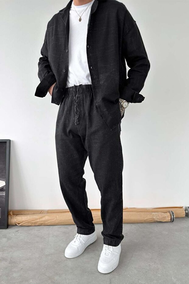 بنطلون فضفاض أسود قابل للغسل