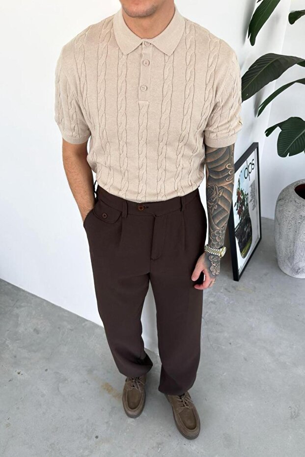 Stone Knit Pattern Relaxed Knitwear Polo Neck T-Shirt