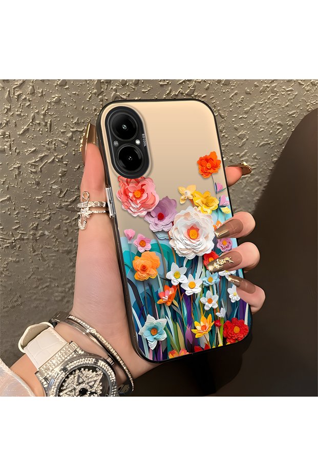 Realme C67 Compatible Silicone Edge Hard Back Anti-Fall Phone Case Flower Pattern