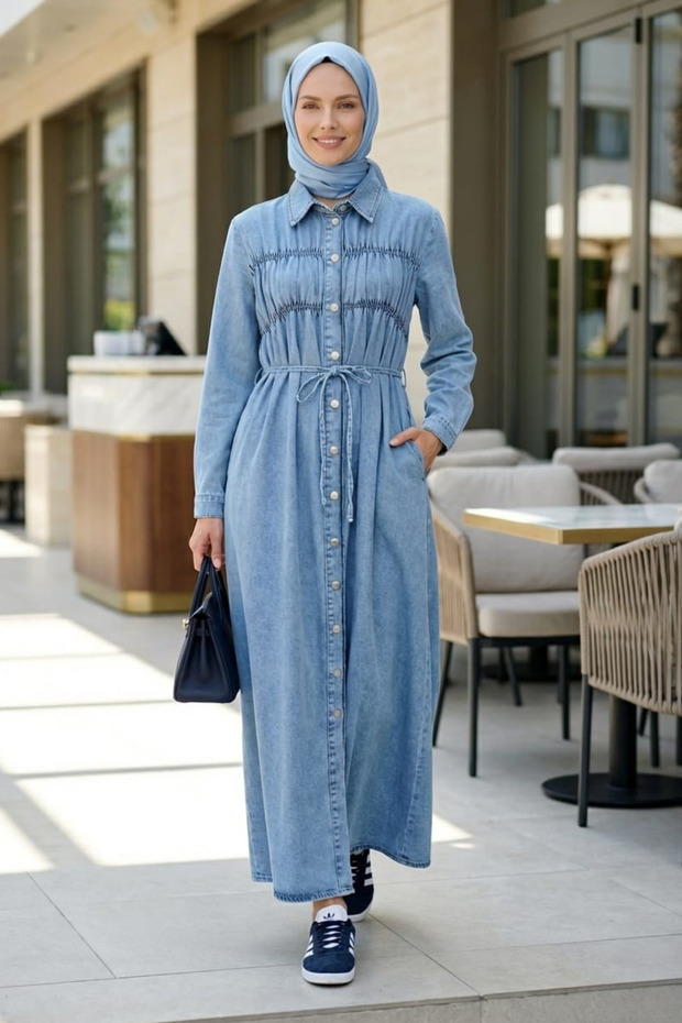 Women's Lace-Up Waist, Buttoned, Light Blue Denim Hijab Dress