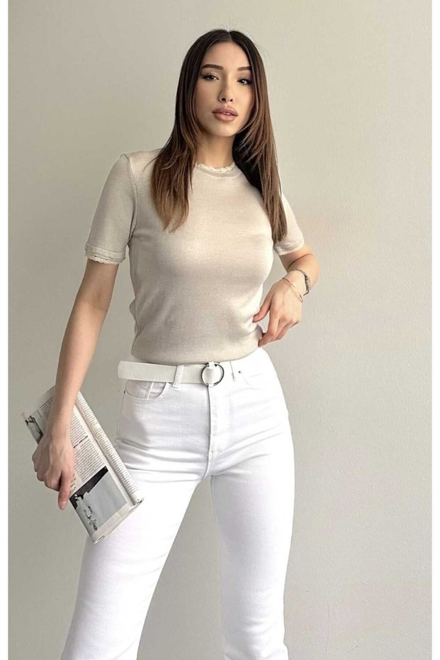 Lace Detail Short Sleeve Viscose Knitwear Blouse